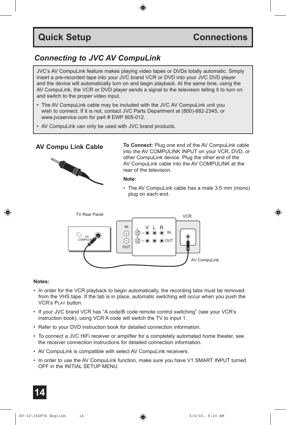Quick setup connections, Connecting to jvc av compulink, Av compu link cable | JVC AV 32DF74 User Manual | Page 14 / 60