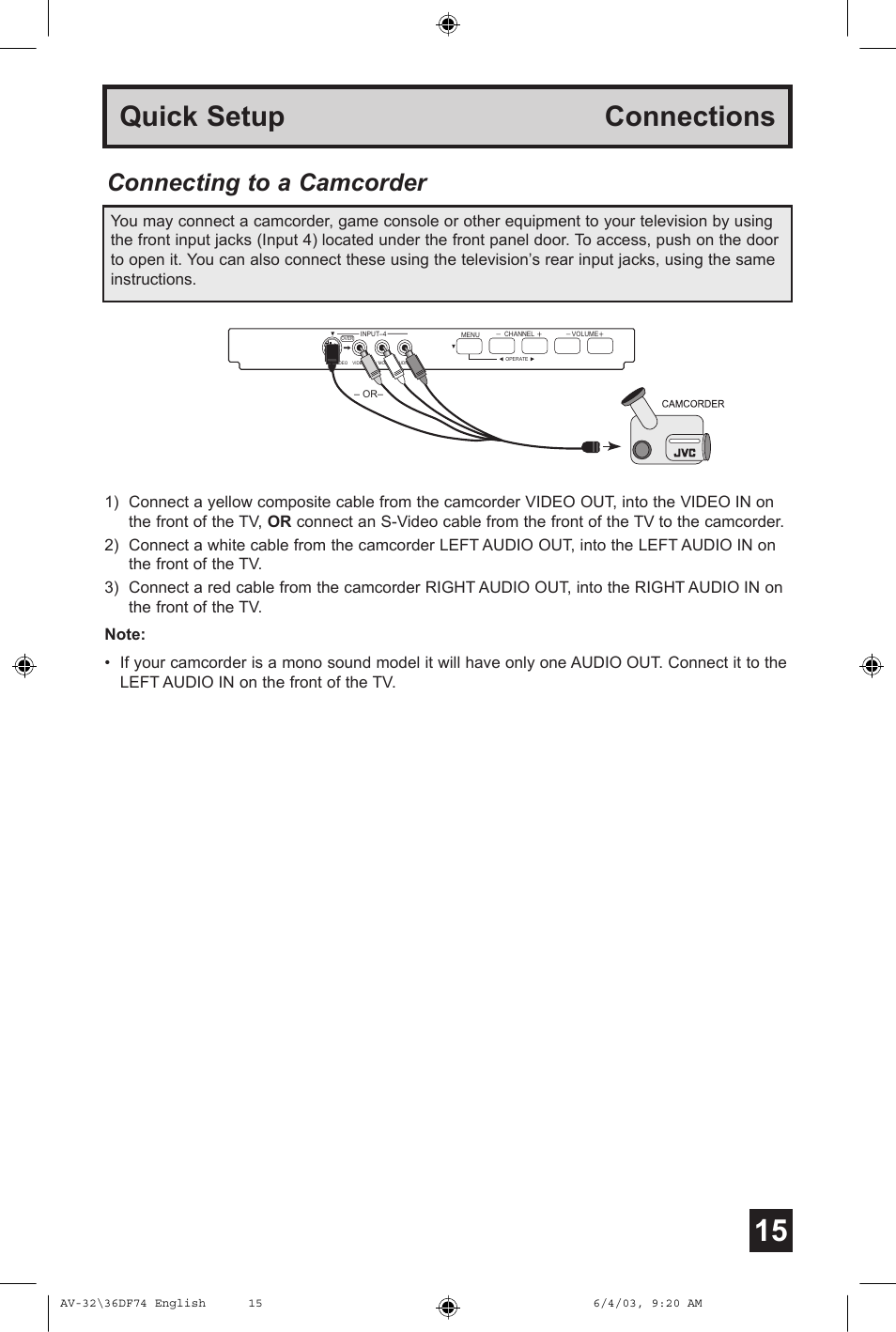 Quick setup connections, Connecting to a camcorder | JVC AV 32DF74 User Manual | Page 15 / 60
