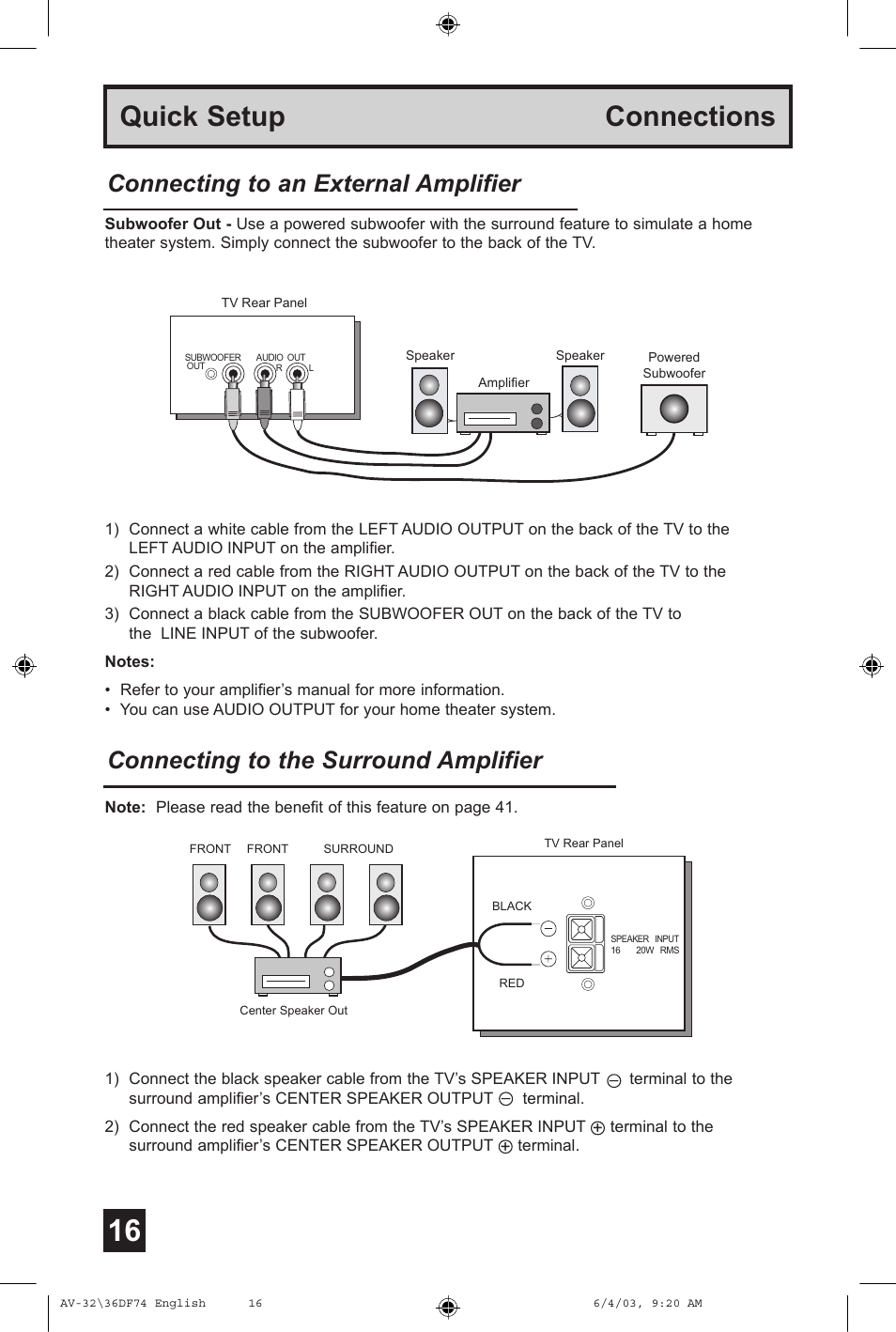 Quick setup connections, Connecting to the surround amplifier, Connecting to an external amplifier | JVC AV 32DF74 User Manual | Page 16 / 60