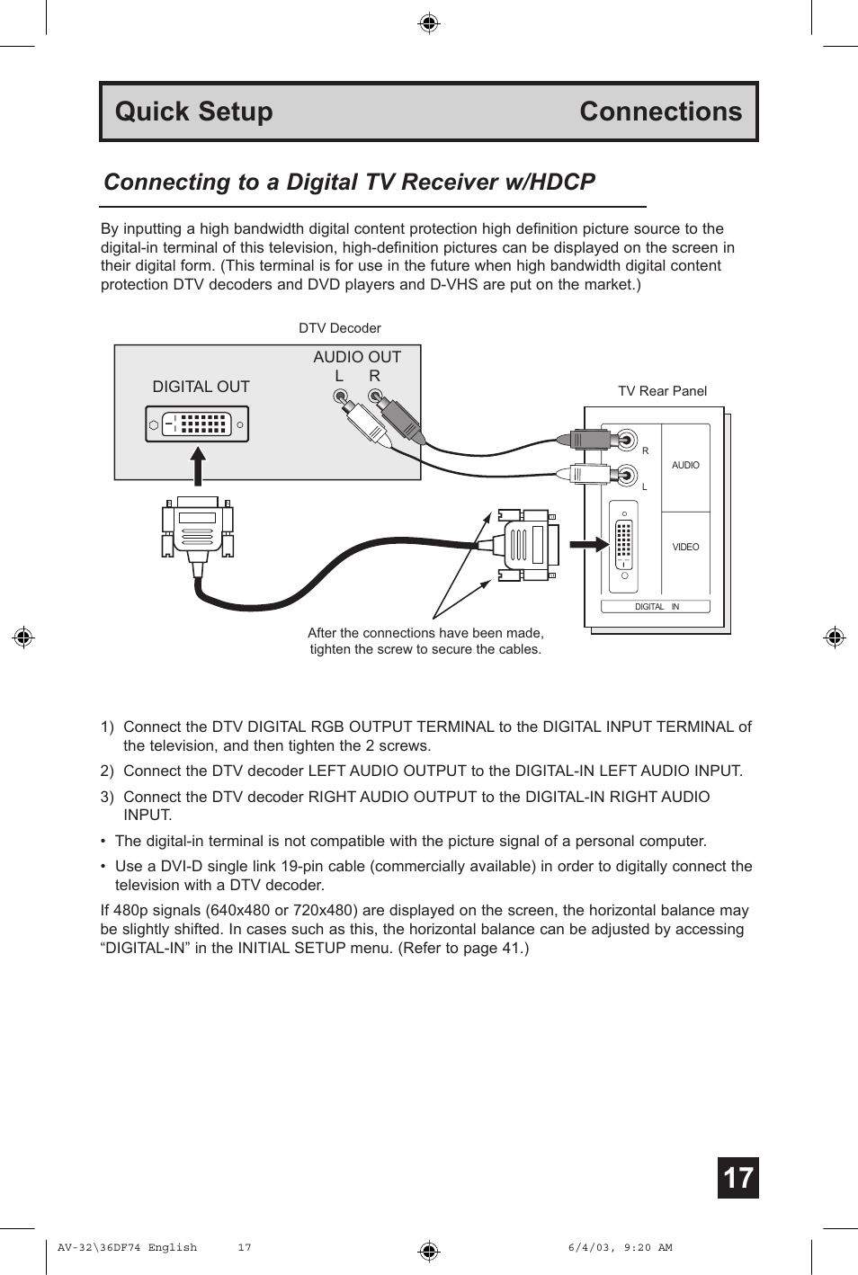 Quick setup connections, Connecting to a digital tv receiver w/hdcp | JVC AV 32DF74 User Manual | Page 17 / 60