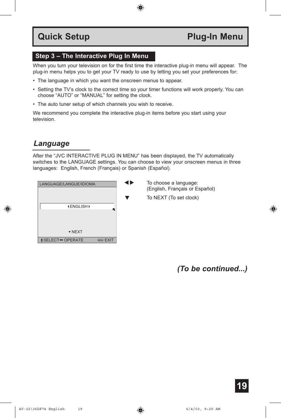 Quick setup plug-in menu, Language, Step 3 – the interactive plug in menu | JVC AV 32DF74 User Manual | Page 19 / 60