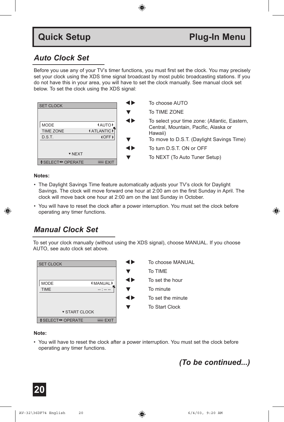 Quick setup plug-in menu, Manual clock set, Auto clock set | JVC AV 32DF74 User Manual | Page 20 / 60
