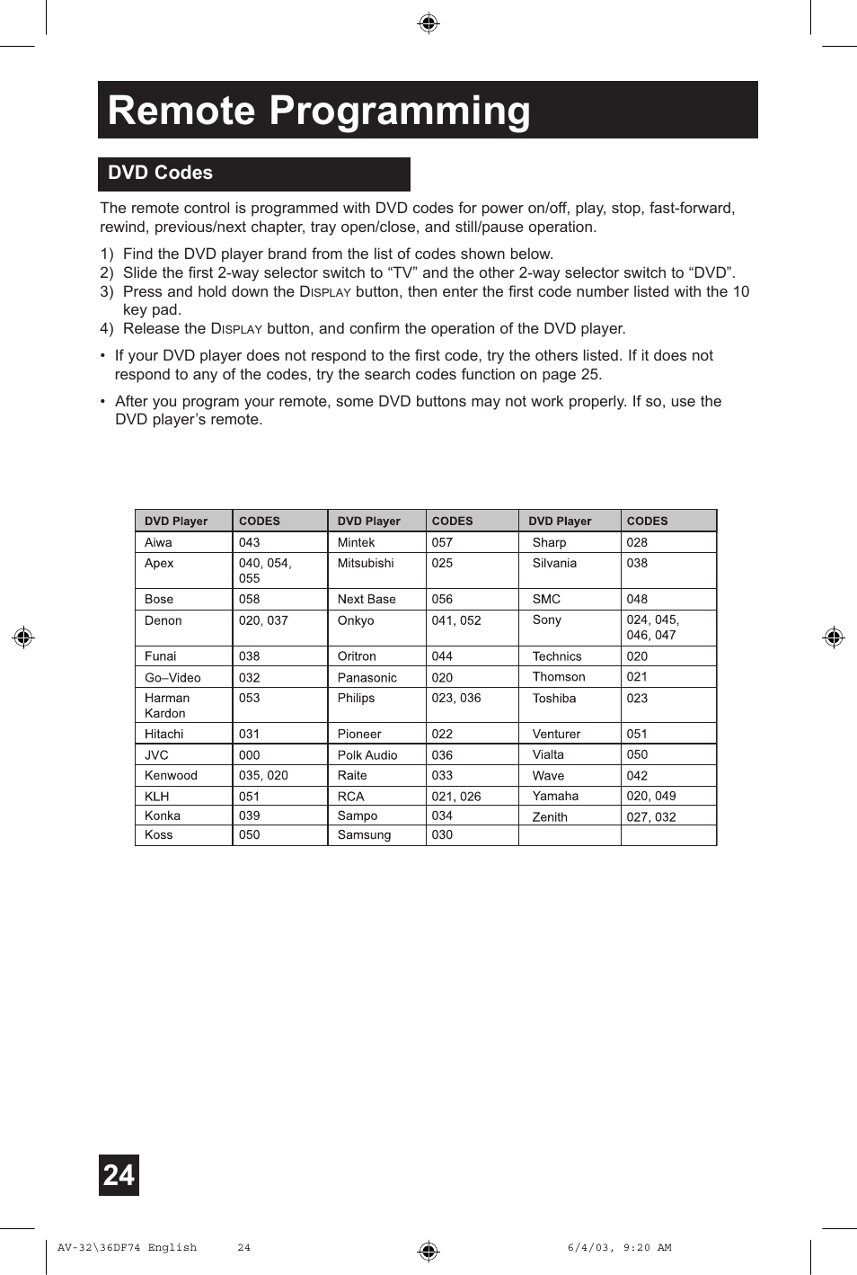 Remote programming | JVC AV 32DF74 User Manual | Page 24 / 60
