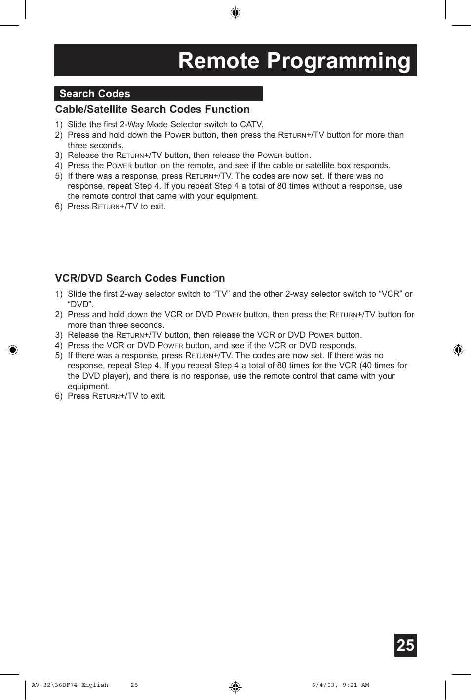 Remote programming, Cable/satellite search codes function, Vcr/dvd search codes function | Search codes | JVC AV 32DF74 User Manual | Page 25 / 60