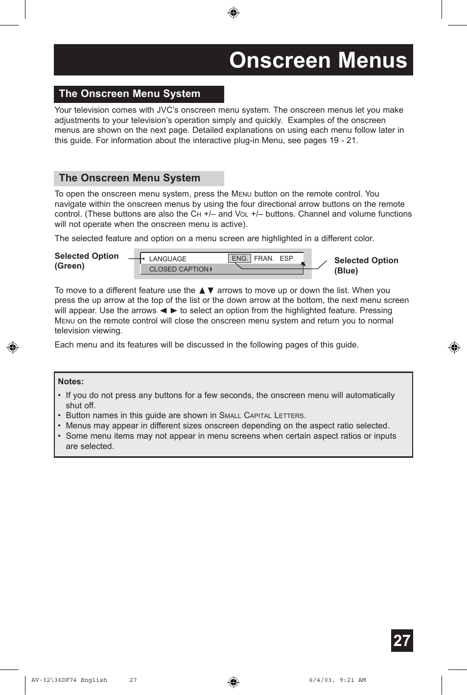 Onscreen menus, The onscreen menu system | JVC AV 32DF74 User Manual | Page 27 / 60