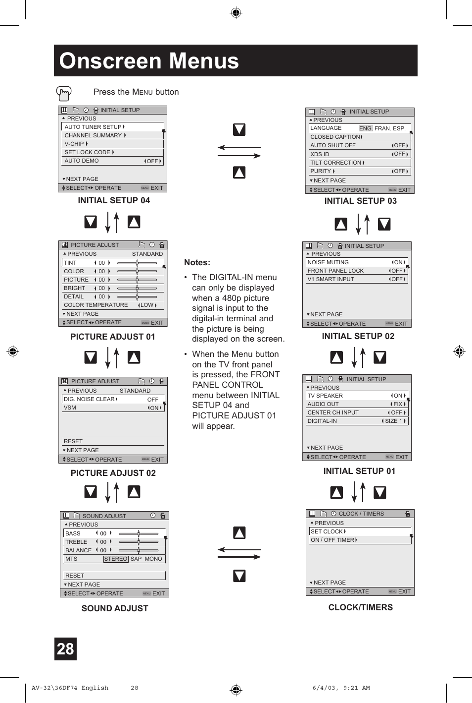 Onscreen menus, Initial setup 03 press the m, Button | Initial setup 02, Initial setup 01 | JVC AV 32DF74 User Manual | Page 28 / 60