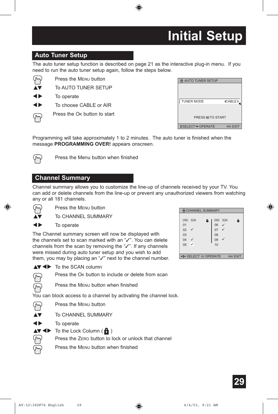Initial setup, Auto tuner setup, Channel summary | JVC AV 32DF74 User Manual | Page 29 / 60