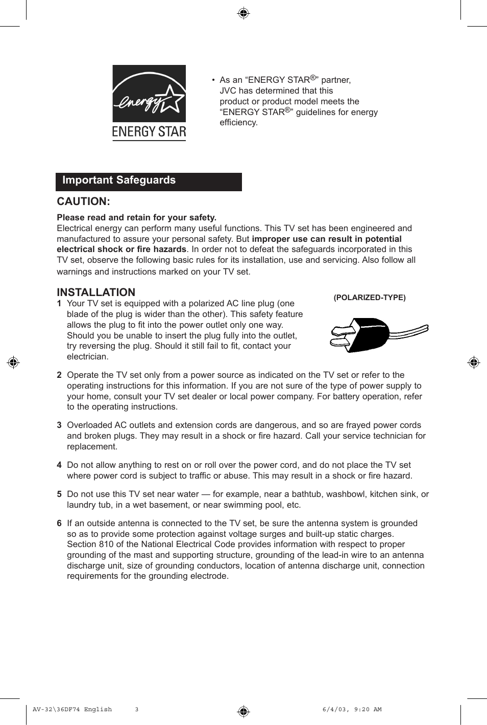 Caution, Installation, Important safeguards | JVC AV 32DF74 User Manual | Page 3 / 60