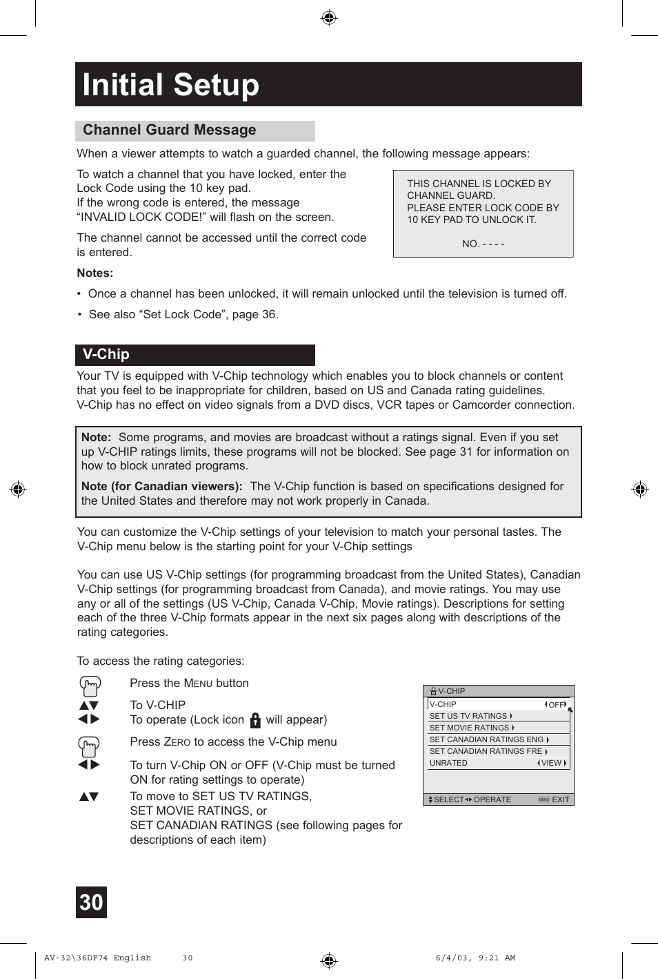 Initial setup, Channel guard message, V-chip | JVC AV 32DF74 User Manual | Page 30 / 60