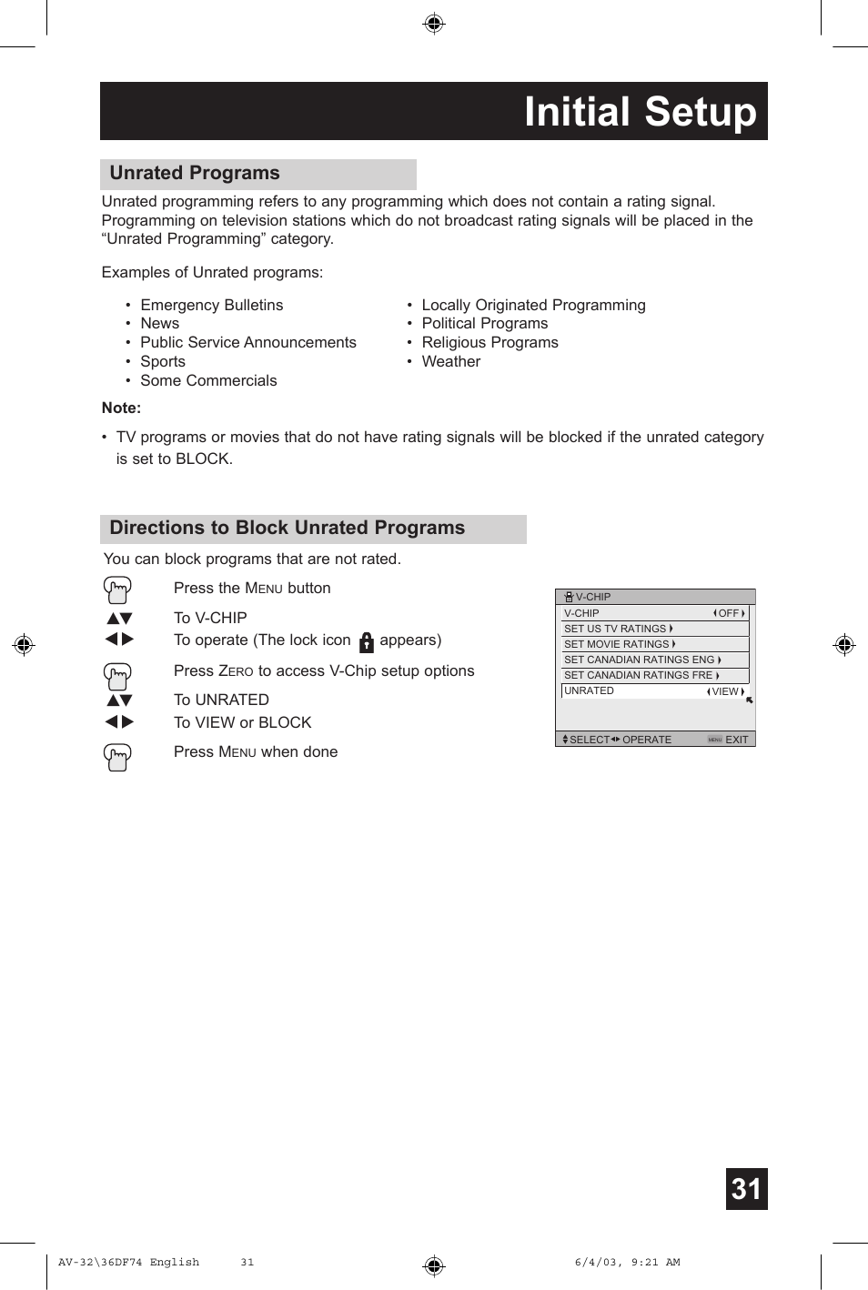 Initial setup, Directions to block unrated programs, Unrated programs | JVC AV 32DF74 User Manual | Page 31 / 60