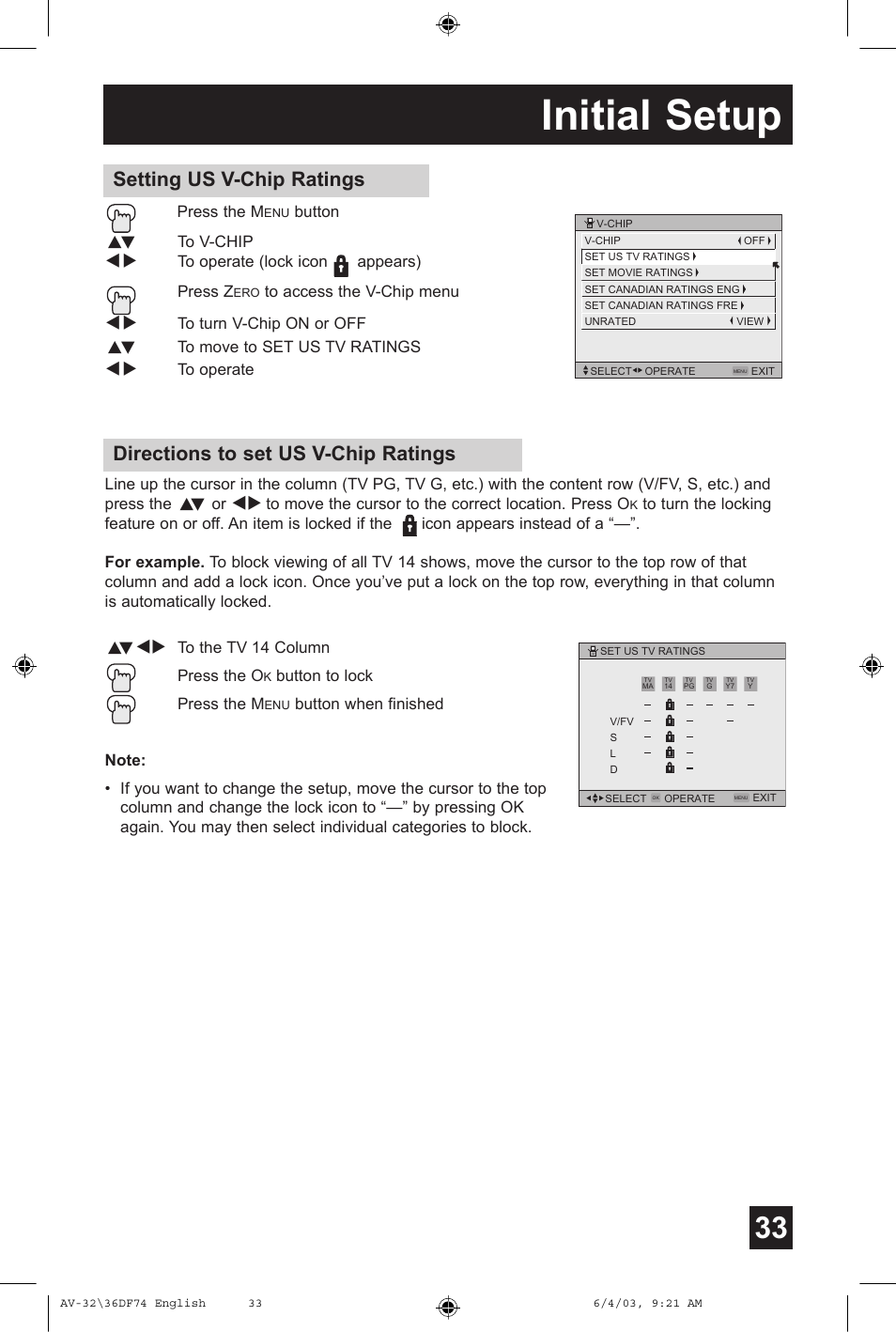 Initial setup, Directions to set us v-chip ratings, Setting us v-chip ratings | JVC AV 32DF74 User Manual | Page 33 / 60