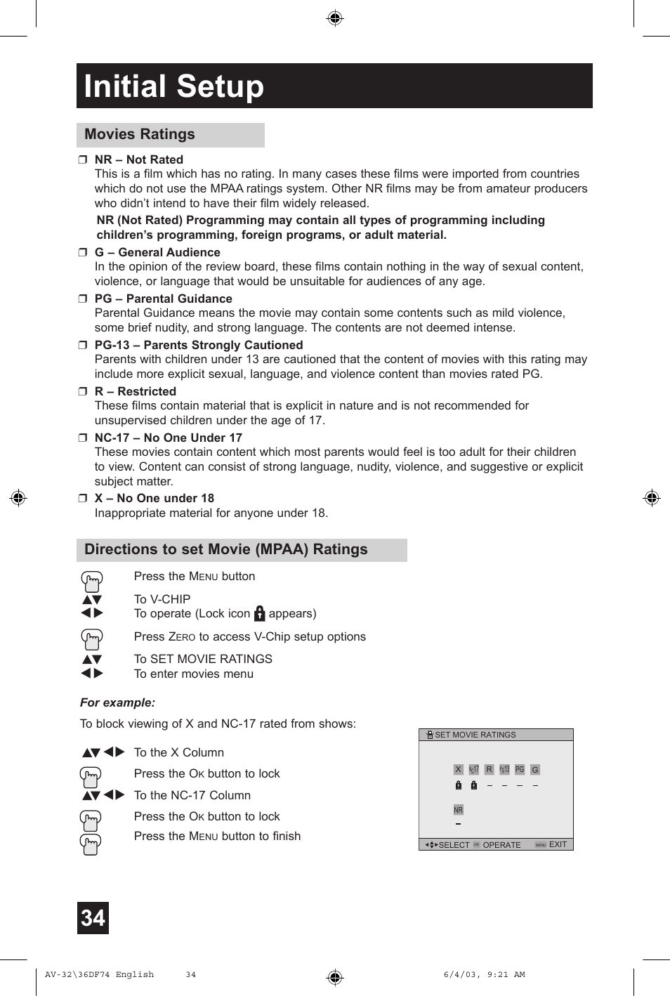 Initial setup, Movies ratings, Directions to set movie (mpaa) ratings | JVC AV 32DF74 User Manual | Page 34 / 60