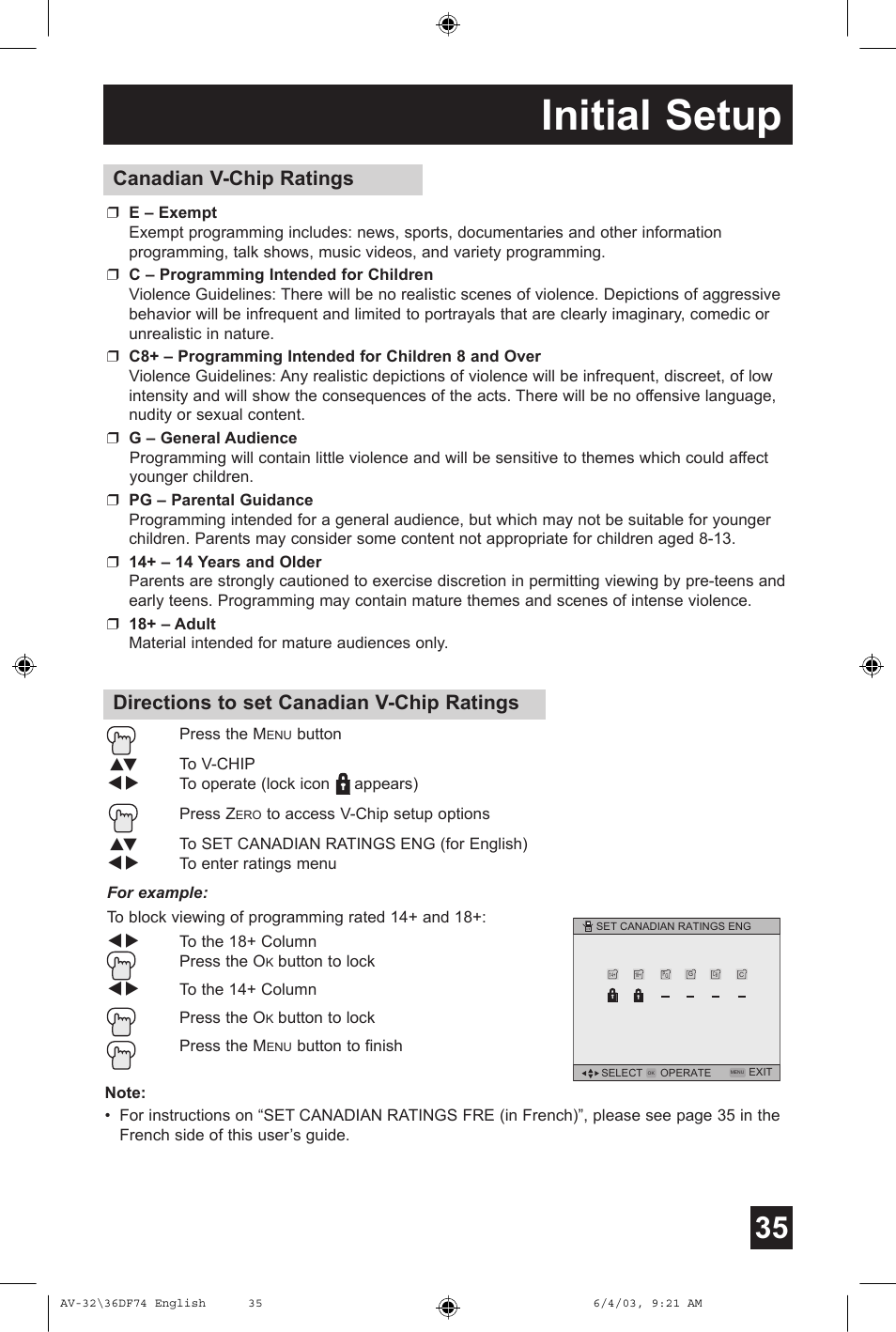 Initial setup, Directions to set canadian v-chip ratings, Canadian v-chip ratings | JVC AV 32DF74 User Manual | Page 35 / 60