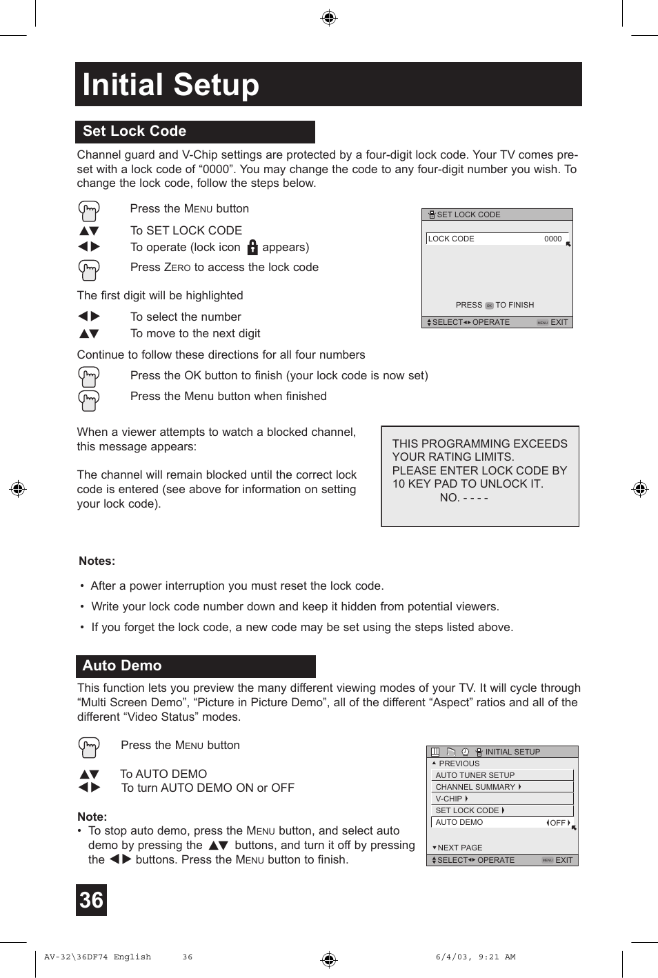 Initial setup, Set lock code, Auto demo | JVC AV 32DF74 User Manual | Page 36 / 60