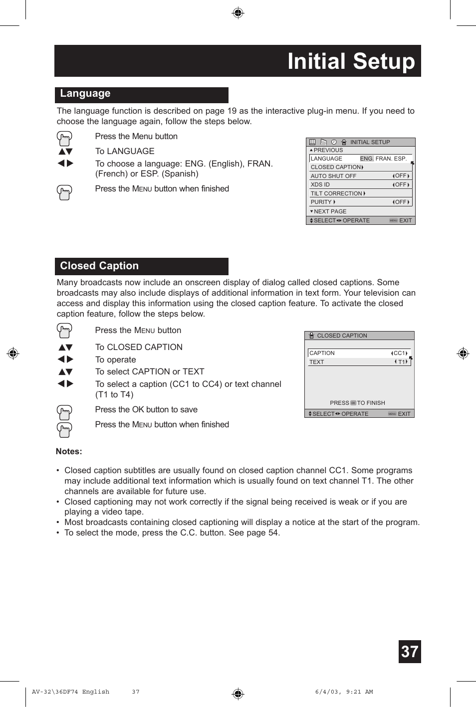 Initial setup, Closed caption, Language | JVC AV 32DF74 User Manual | Page 37 / 60