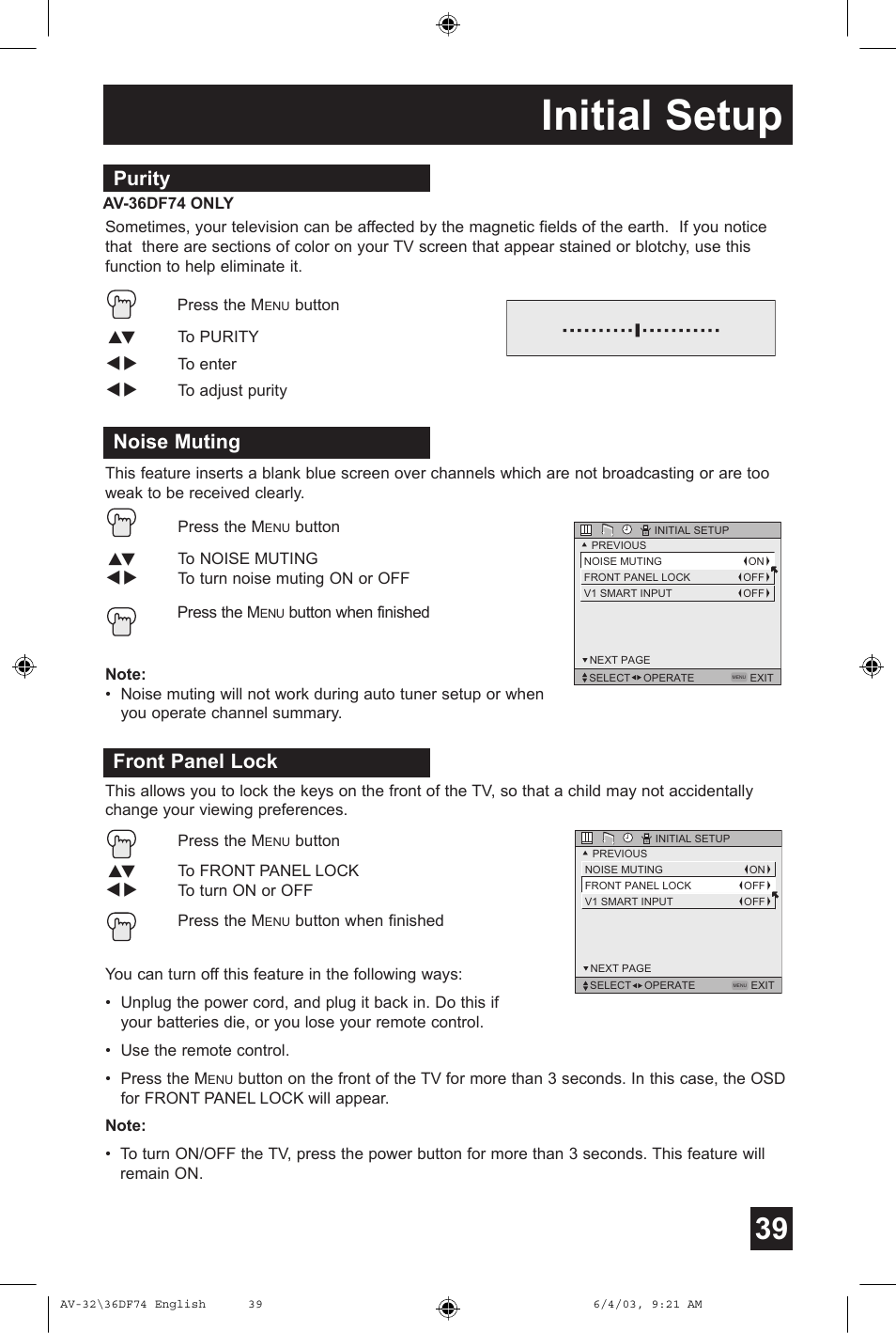 Initial setup, Purity, Noise muting | Front panel lock | JVC AV 32DF74 User Manual | Page 39 / 60