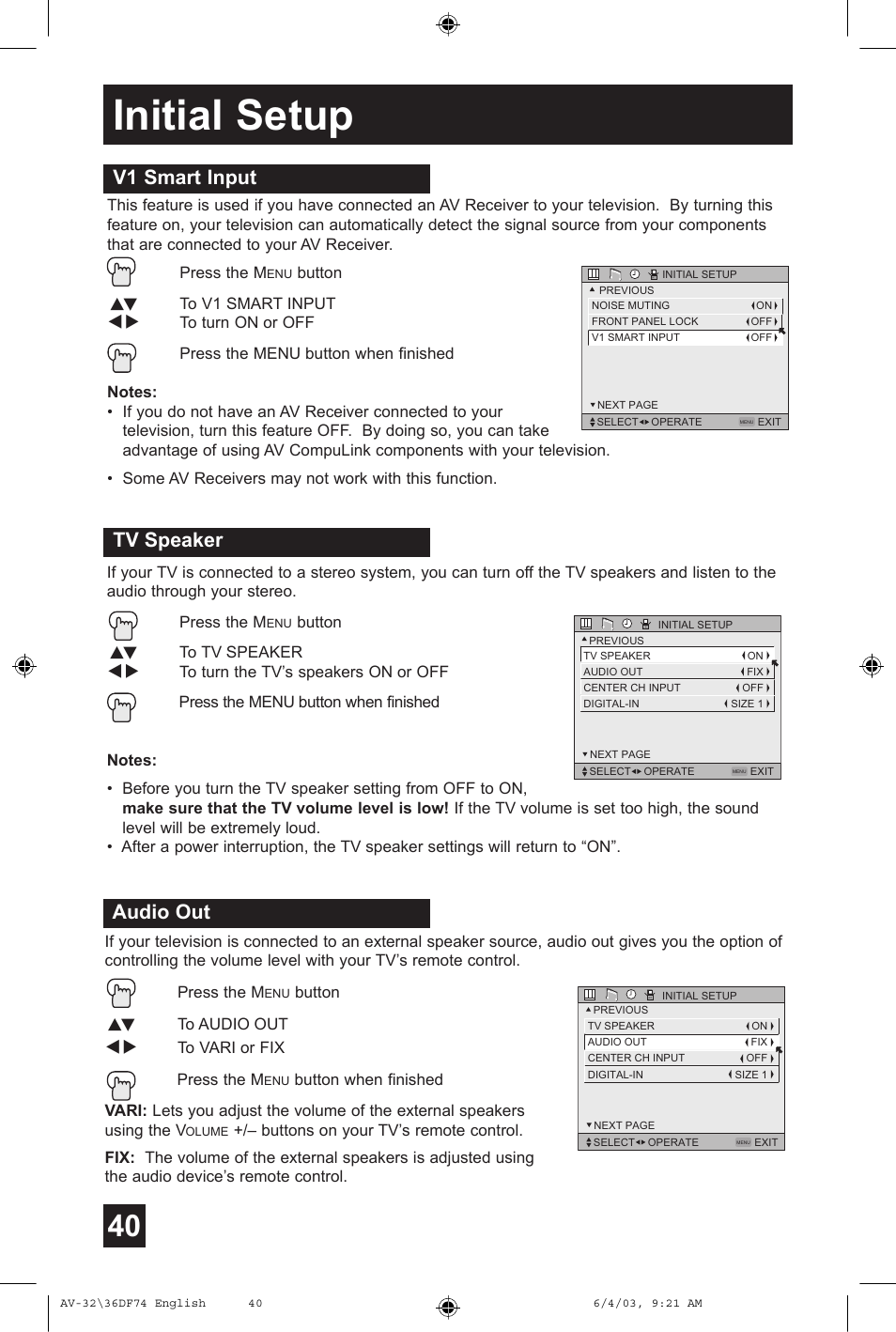 Initial setup, V1 smart input, Tv speaker | Audio out | JVC AV 32DF74 User Manual | Page 40 / 60