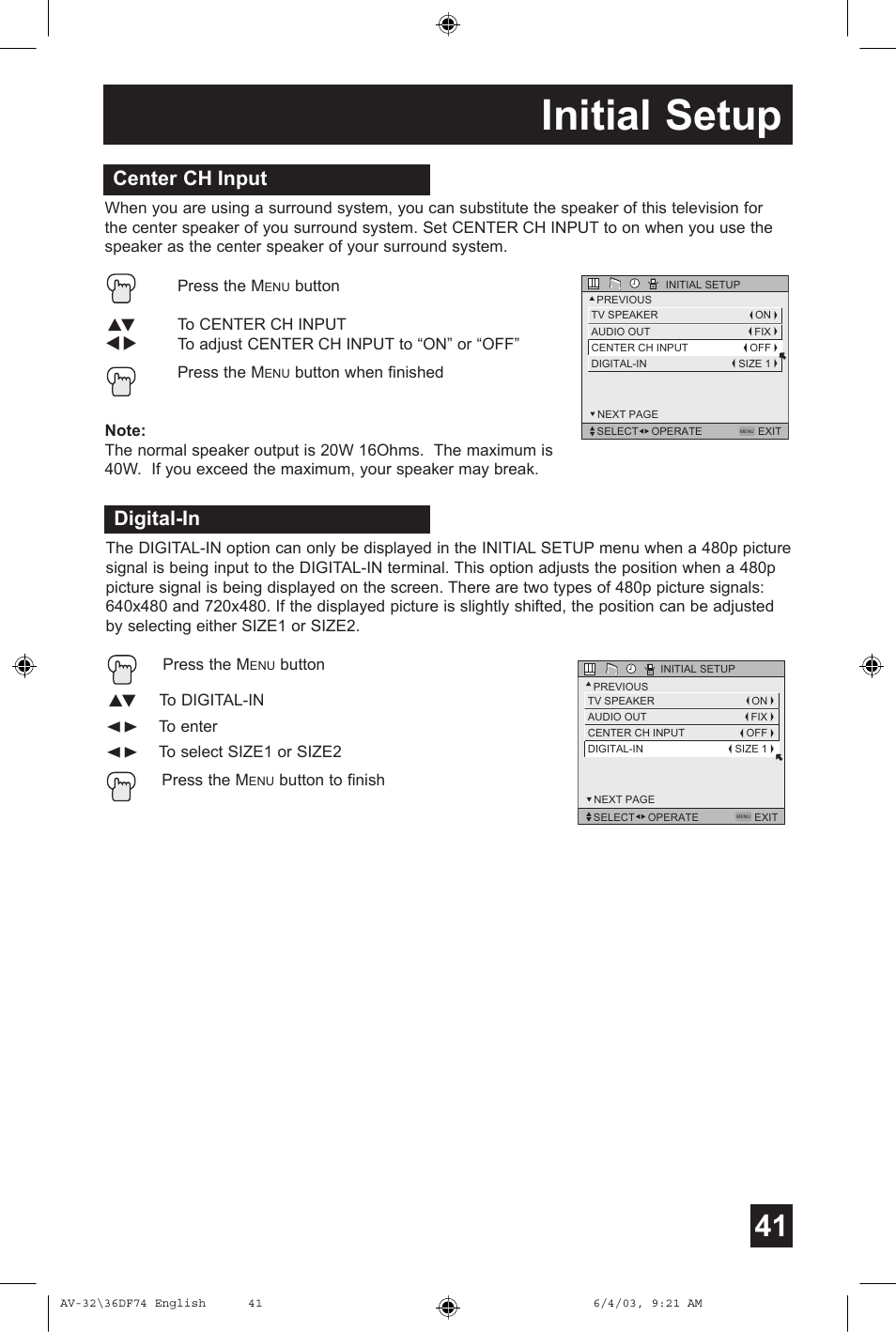 Initial setup, Center ch input, Digital-in | JVC AV 32DF74 User Manual | Page 41 / 60