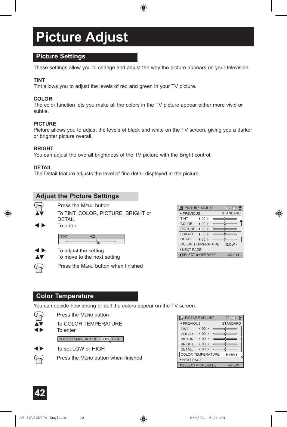 Picture adjust, Picture settings adjust the picture settings, Color temperature | JVC AV 32DF74 User Manual | Page 42 / 60