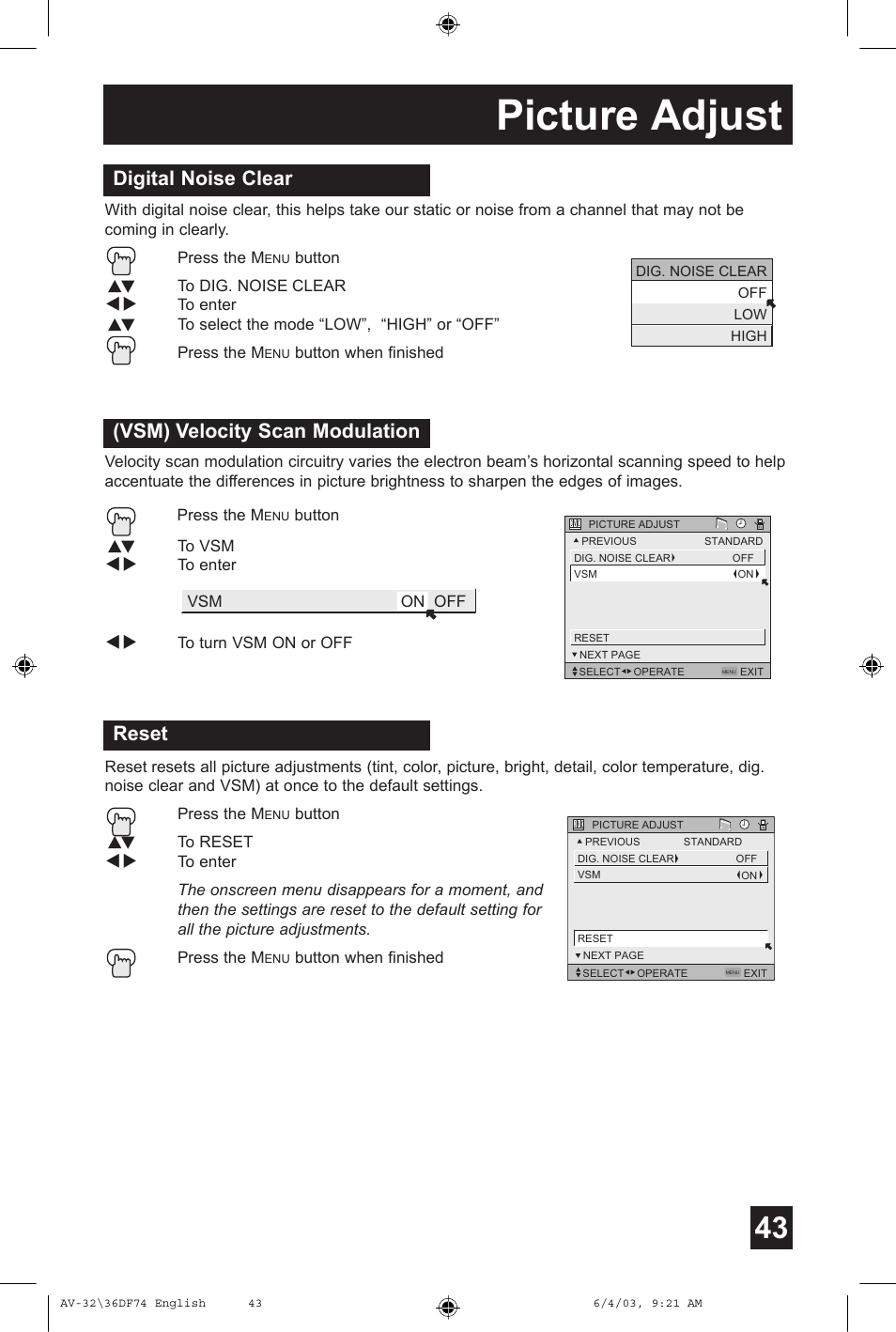Picture adjust, Vsm) velocity scan modulation, Digital noise clear reset | JVC AV 32DF74 User Manual | Page 43 / 60