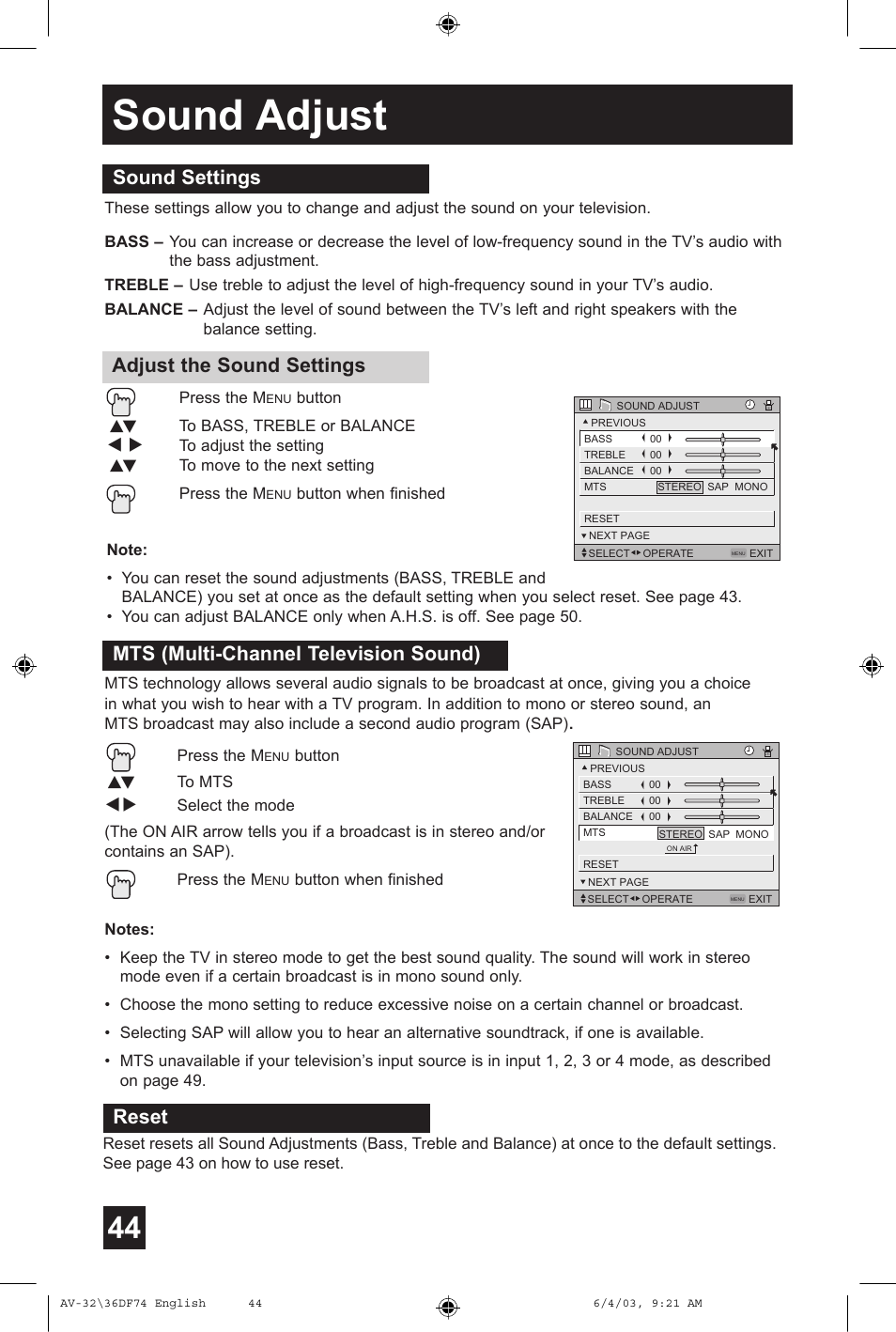 Sound adjust, Reset | JVC AV 32DF74 User Manual | Page 44 / 60