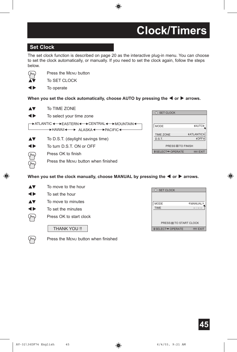 Clock/timers, Set clock | JVC AV 32DF74 User Manual | Page 45 / 60