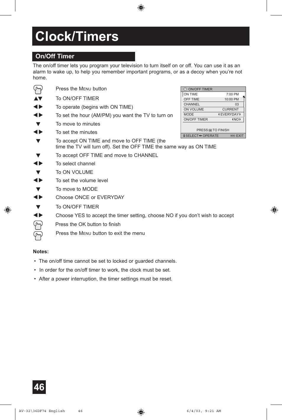 Clock/timers, On/off timer | JVC AV 32DF74 User Manual | Page 46 / 60