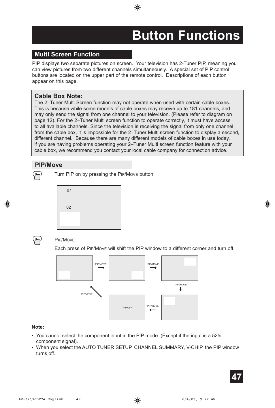 Button functions, Pip/move | JVC AV 32DF74 User Manual | Page 47 / 60
