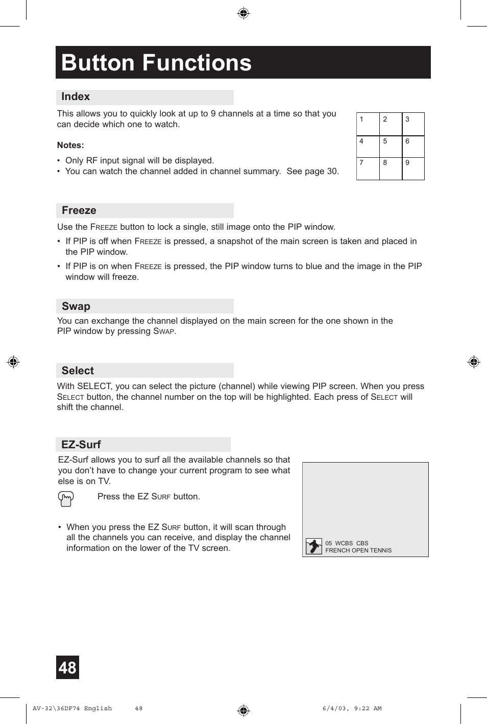 Button functions, Index, Freeze swap | Select, Ez-surf | JVC AV 32DF74 User Manual | Page 48 / 60