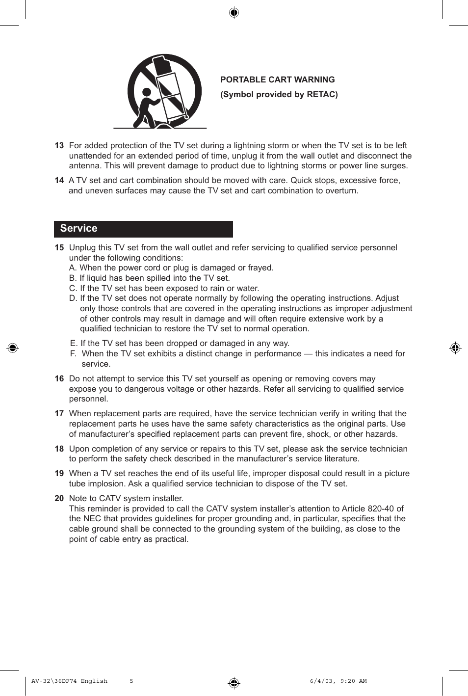 Service | JVC AV 32DF74 User Manual | Page 5 / 60
