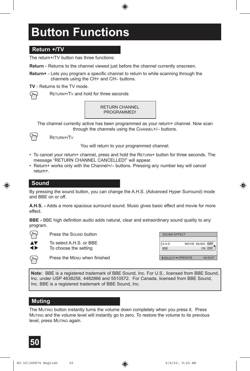 Button functions, Return +/tv, Sound | Muting | JVC AV 32DF74 User Manual | Page 50 / 60