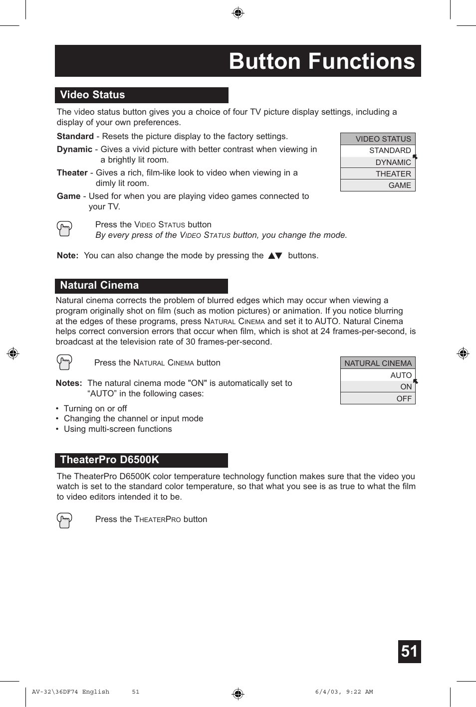 Button functions, Video status, Natural cinema | Theaterpro d6500k | JVC AV 32DF74 User Manual | Page 51 / 60