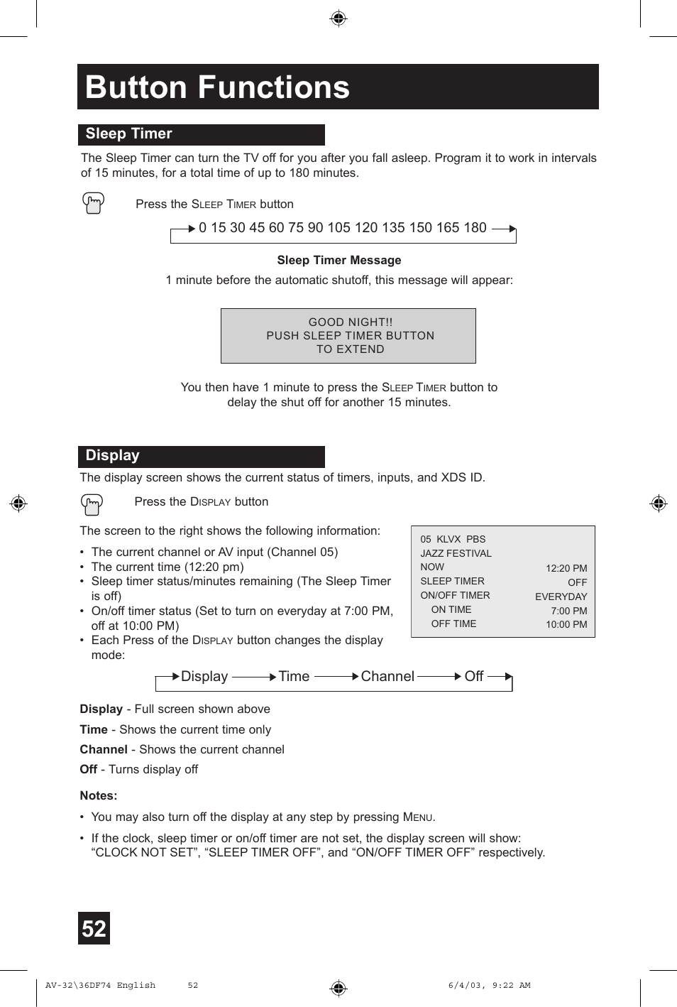 Button functions, Sleep timer, Display | JVC AV 32DF74 User Manual | Page 52 / 60