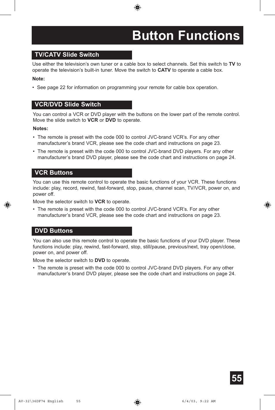 Button functions | JVC AV 32DF74 User Manual | Page 55 / 60