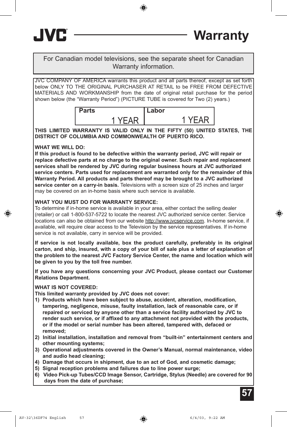 Warranty, 1 year | JVC AV 32DF74 User Manual | Page 57 / 60