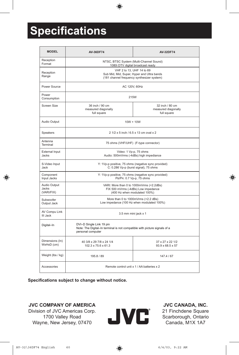 Specifications, Specifications subject to change without notice | JVC AV 32DF74 User Manual | Page 60 / 60