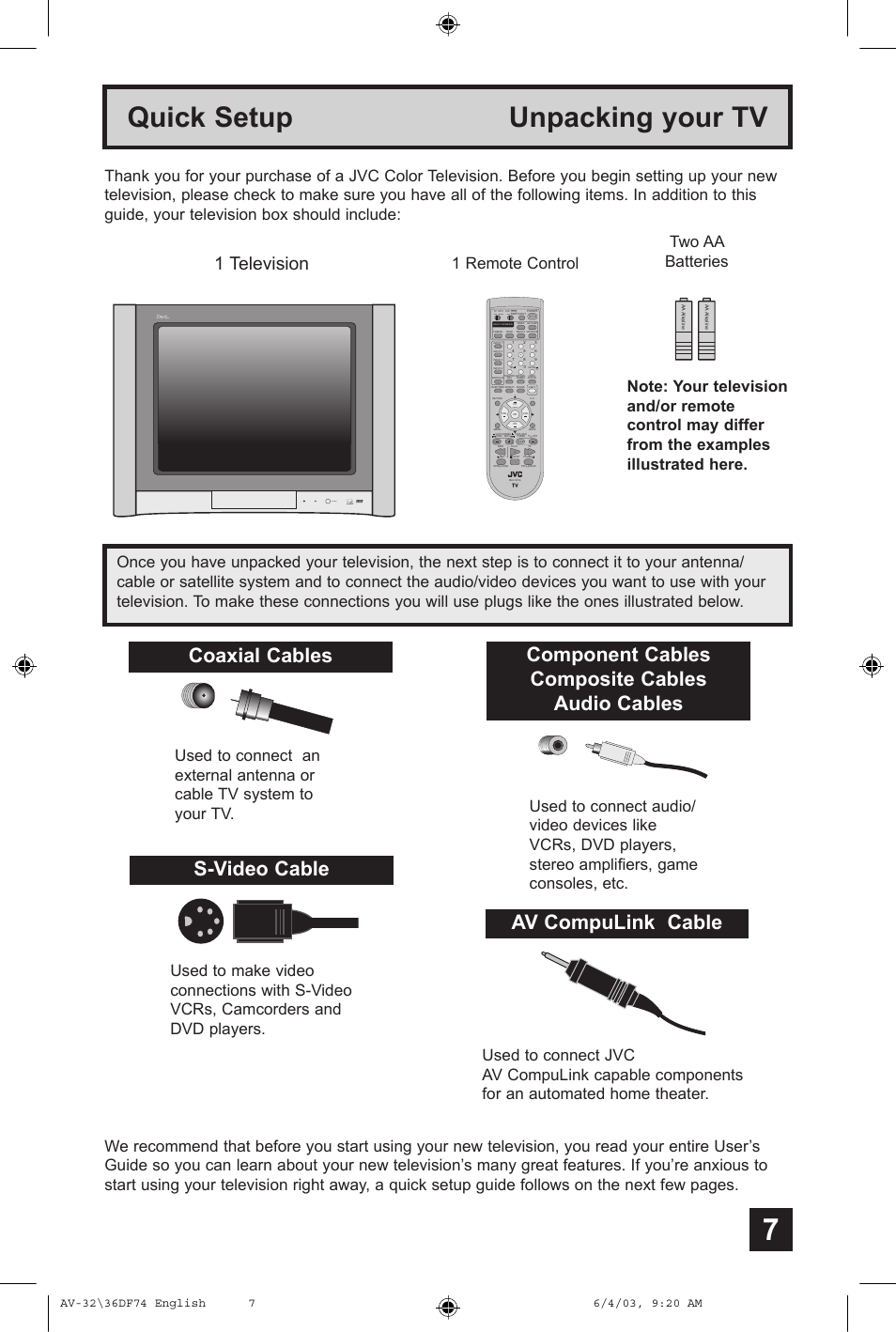 Quick setup unpacking your tv, Coaxial cables, S-video cable | Component cables composite cables audio cables, Av compulink cable, 1 television, Two aa batteries | JVC AV 32DF74 User Manual | Page 7 / 60