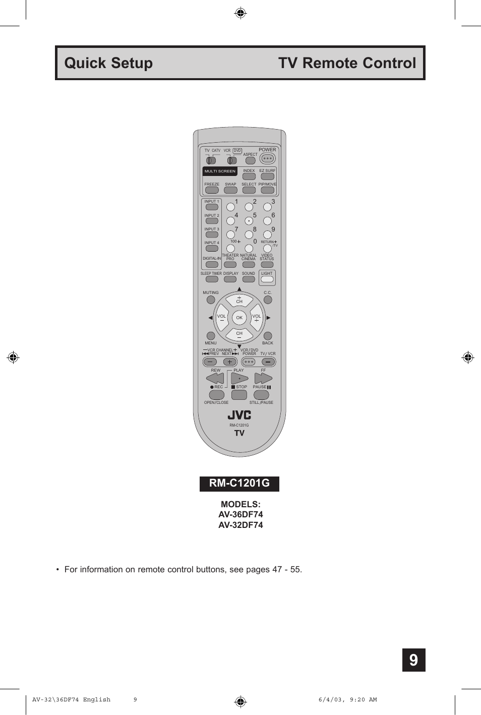 Quick setup tv remote control, Rm-c1201g | JVC AV 32DF74 User Manual | Page 9 / 60