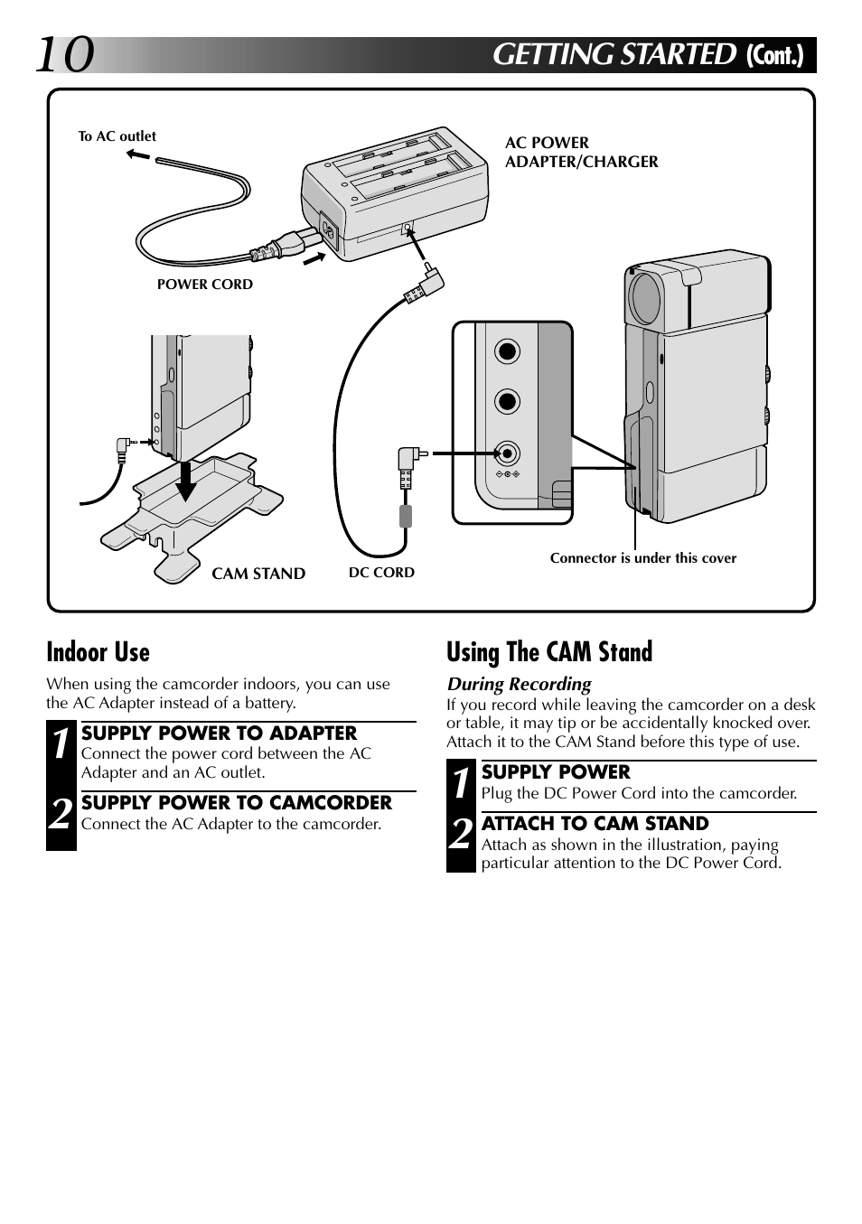 Getting started, Indoor use, Cont.) using the cam stand | JVC GR-DVJ70 User Manual | Page 10 / 72