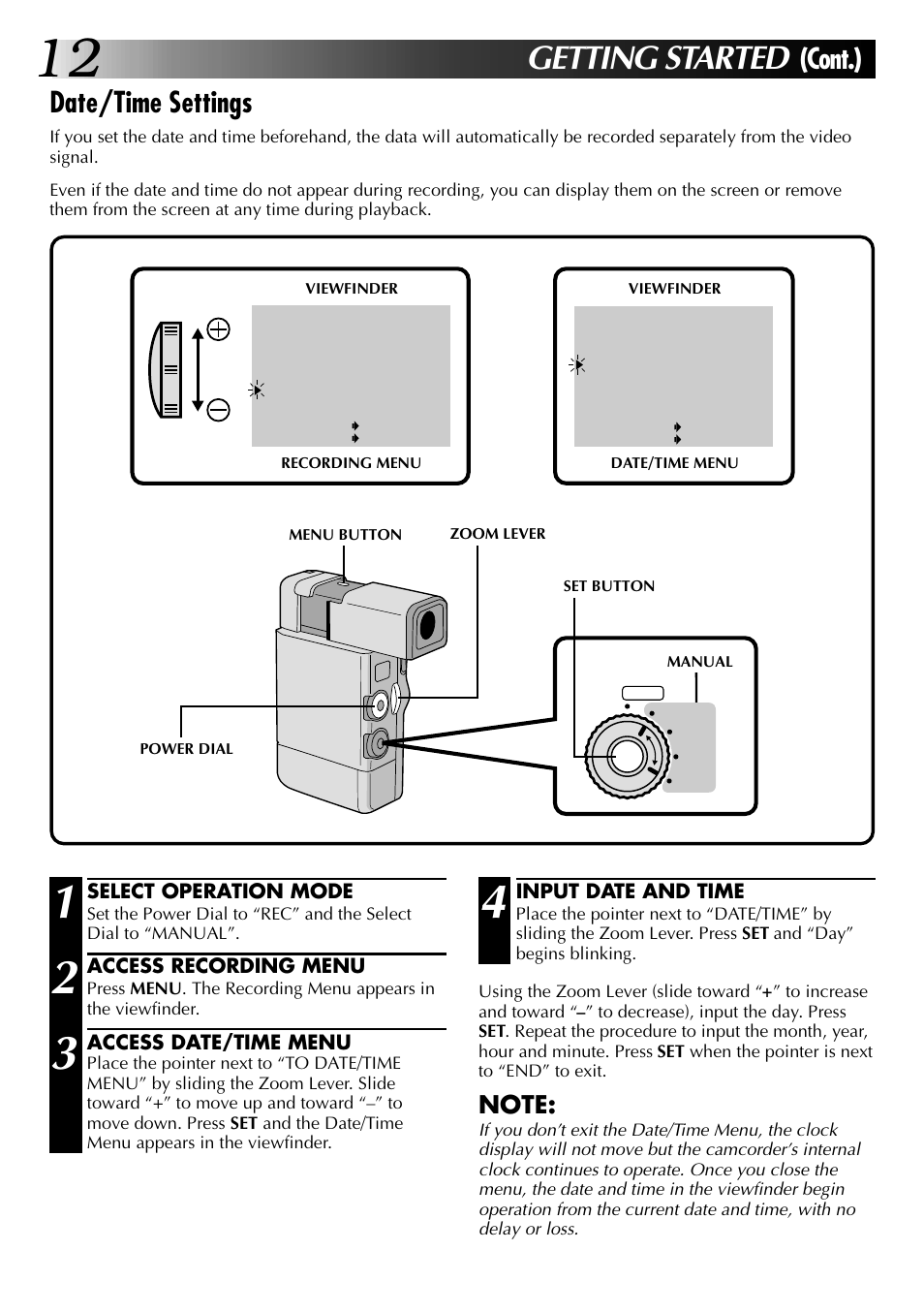 Getting started, Date/time settings, Cont.) | JVC GR-DVJ70 User Manual | Page 12 / 72