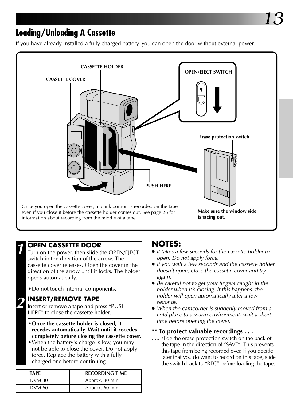 Loading/unloading a cassette | JVC GR-DVJ70 User Manual | Page 13 / 72