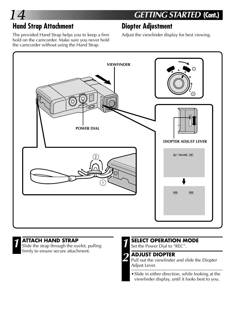 Getting started, Hand strap attachment, Diopter adjustment | Cont.) | JVC GR-DVJ70 User Manual | Page 14 / 72