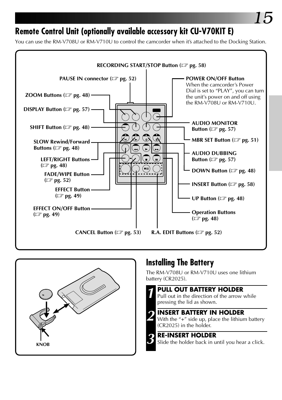 Installing the battery | JVC GR-DVJ70 User Manual | Page 15 / 72