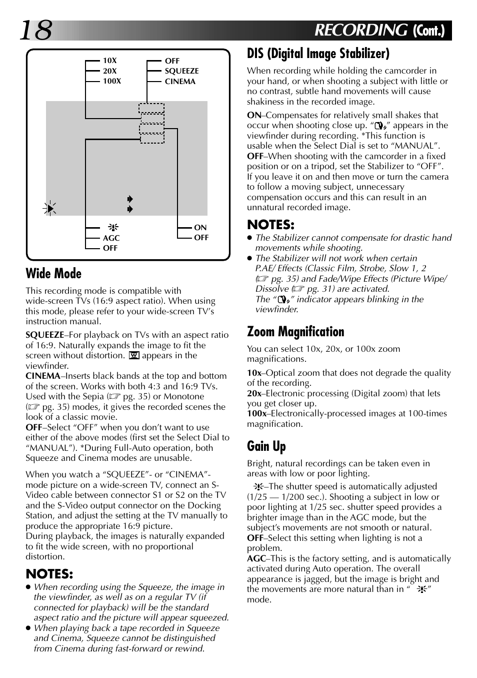 Recording, Cont.), Dis (digital image stabilizer) | Zoom magnification, Gain up, Wide mode | JVC GR-DVJ70 User Manual | Page 18 / 72