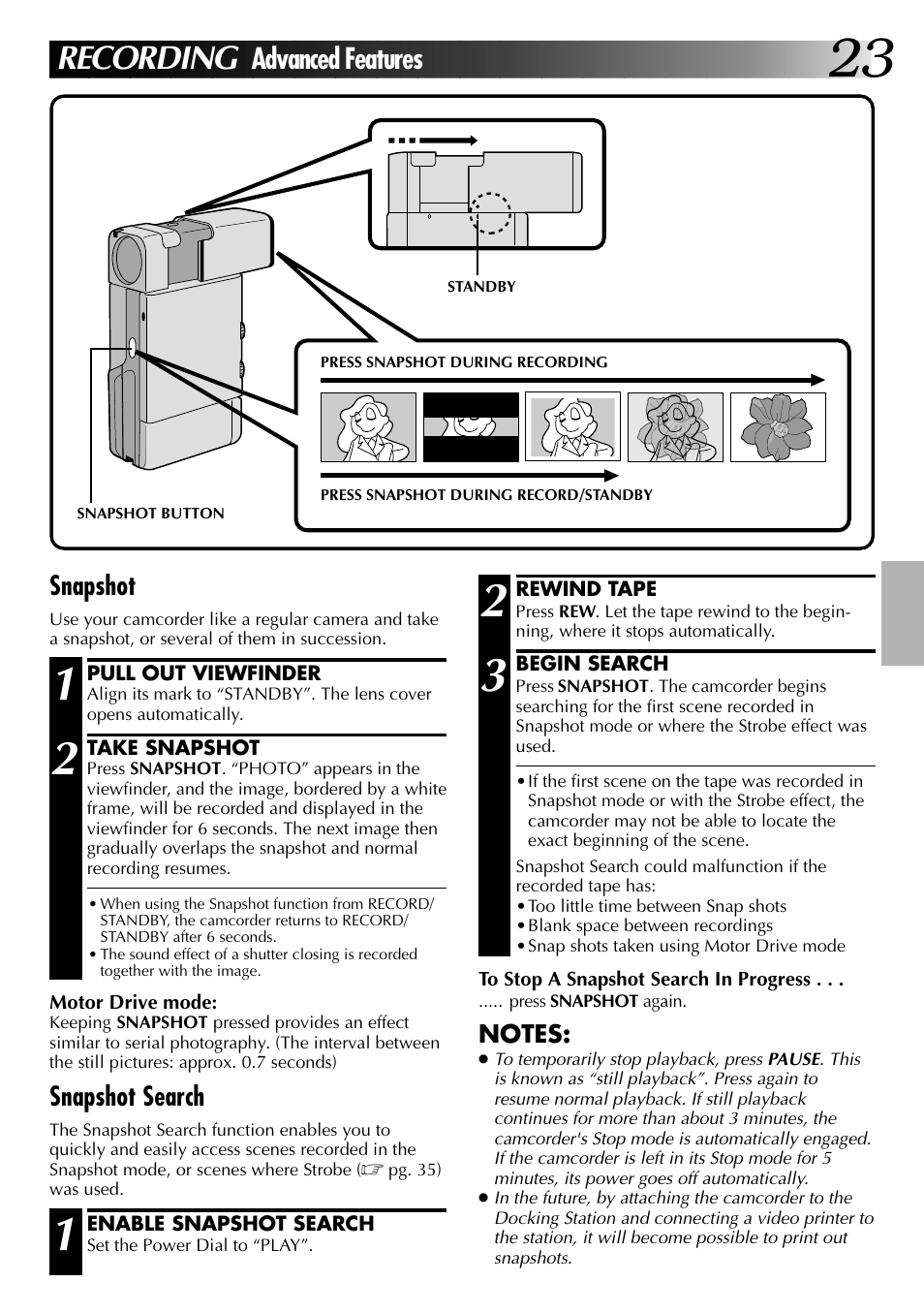 Recording, Advanced features, Snapshot | Snapshot search | JVC GR-DVJ70 User Manual | Page 23 / 72