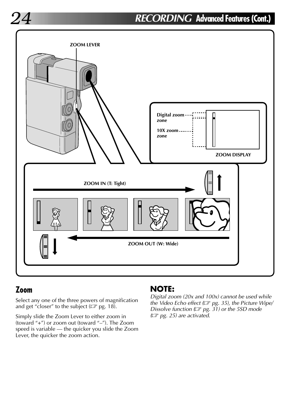 Recording, Advanced features (cont.), Zoom | JVC GR-DVJ70 User Manual | Page 24 / 72