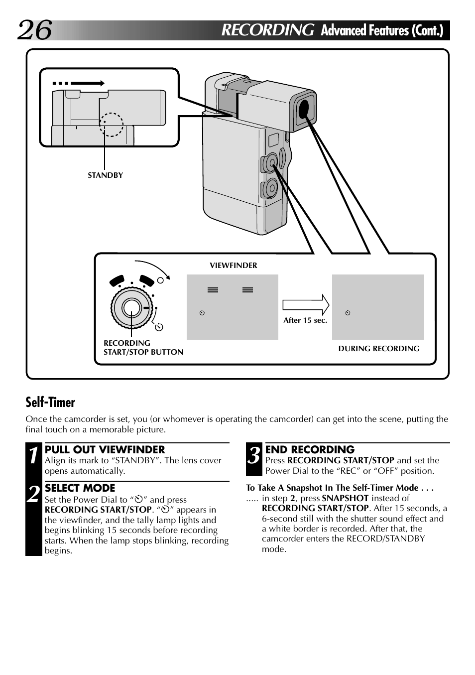 Recording, Advanced features (cont.), Self-timer | JVC GR-DVJ70 User Manual | Page 26 / 72