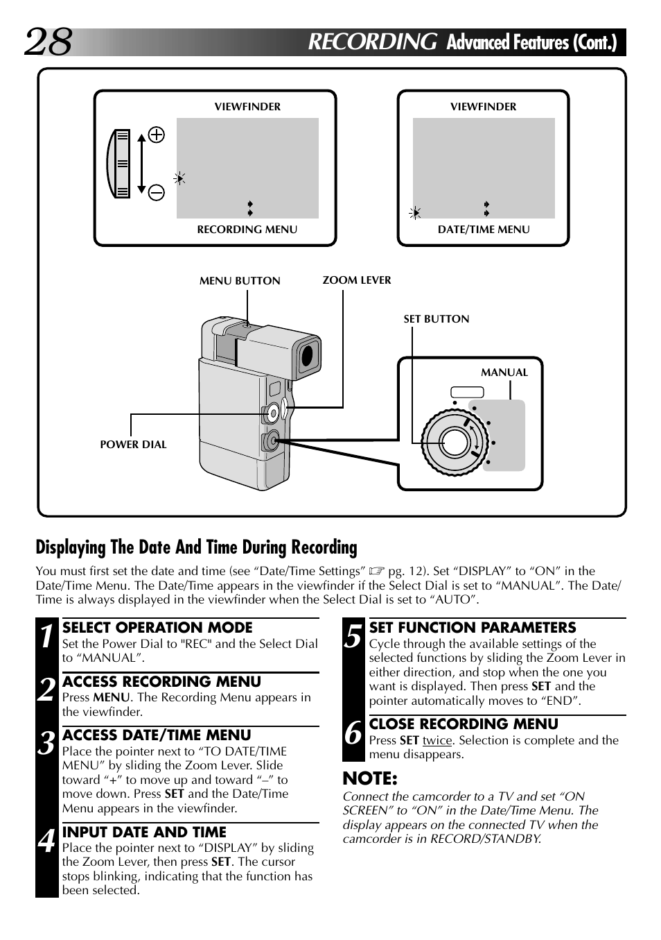 Recording, Advanced features (cont.), Displaying the date and time during recording | JVC GR-DVJ70 User Manual | Page 28 / 72