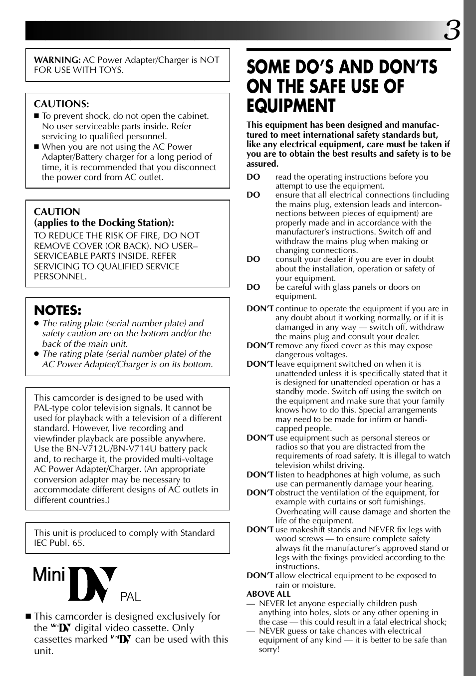 Some do’s and don’ts on the safe use of equipment | JVC GR-DVJ70 User Manual | Page 3 / 72