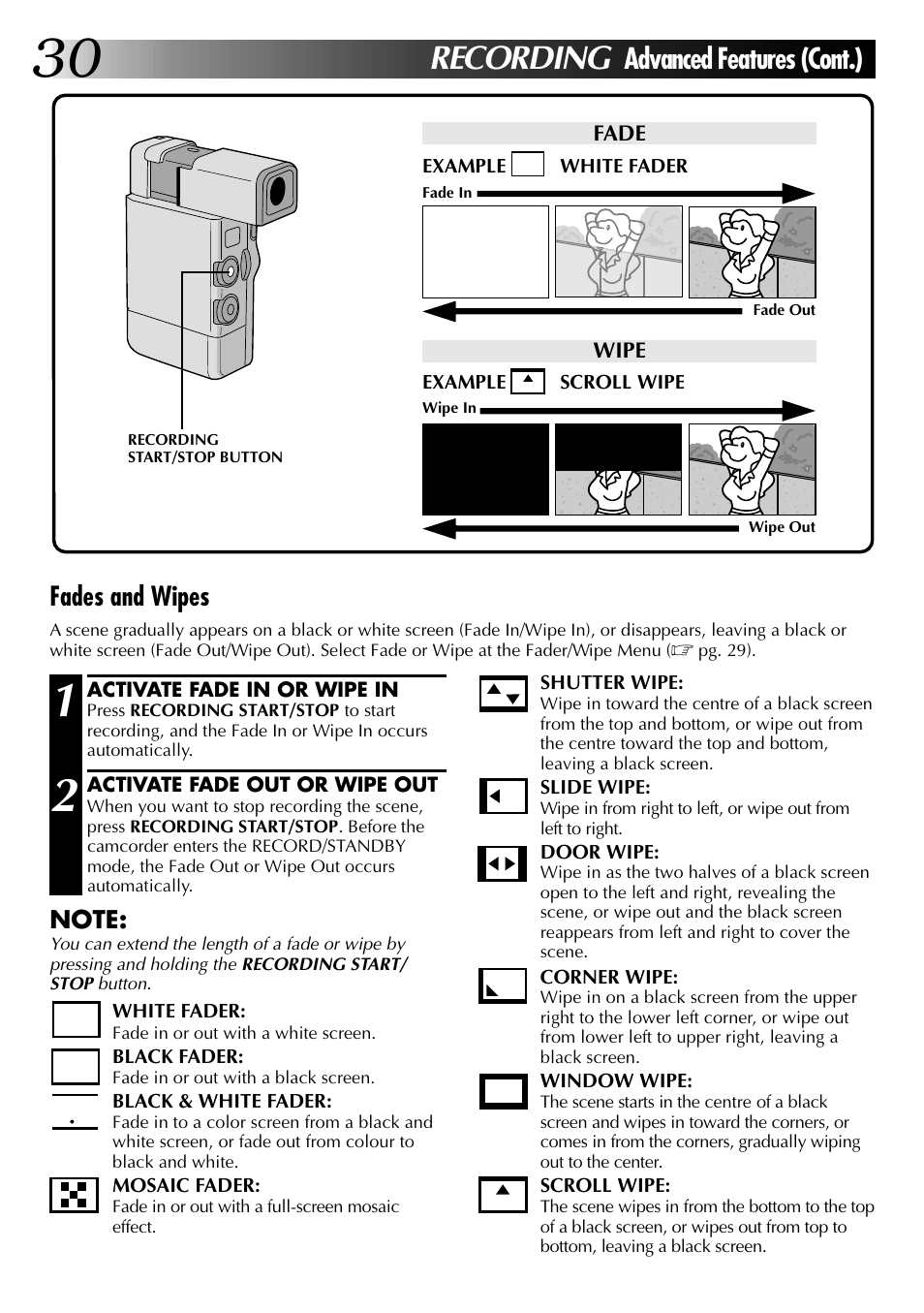 Recording, Advanced features (cont.), Fades and wipes | JVC GR-DVJ70 User Manual | Page 30 / 72